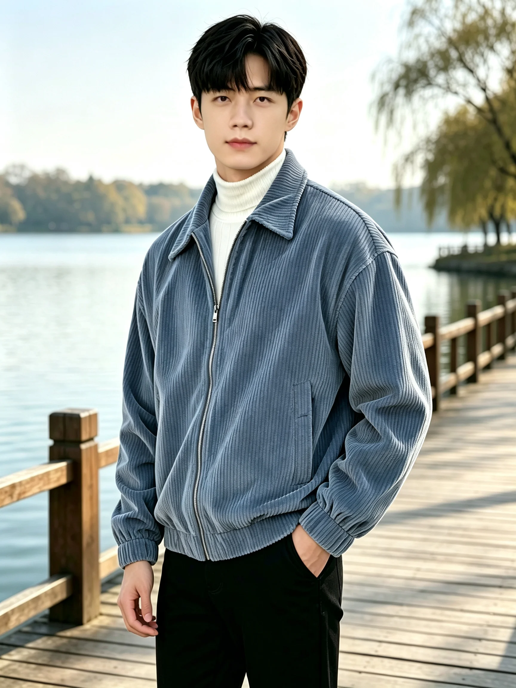 Men Casual Corduroy Bomber Jacket Turn Down Collar Zipper Front Loose Fit Long Sleeve Solid Color Daily Outer Coat