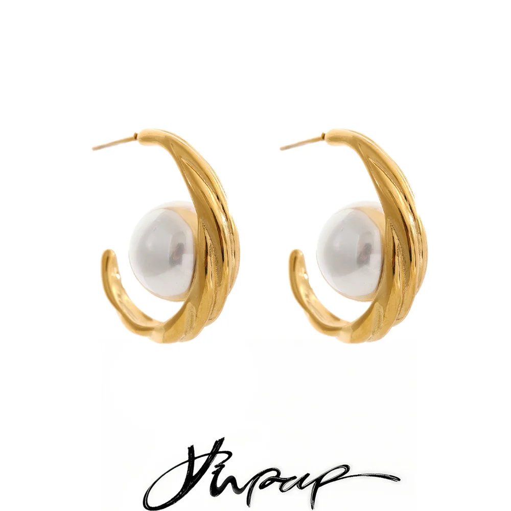 Yhpup 2026 Stainless Steel Imitation Pearls C Shape Huggie Earrings for All Occasions Party Wear Fashion Chic Charming Jewelry