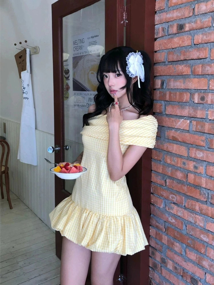 

Deeptown Sweet Elegant Bodycon Mini Dresses Women Off Shoulder Korean Style Butter Yellow Plaid Ruffles Dresses Y2k Harajuku