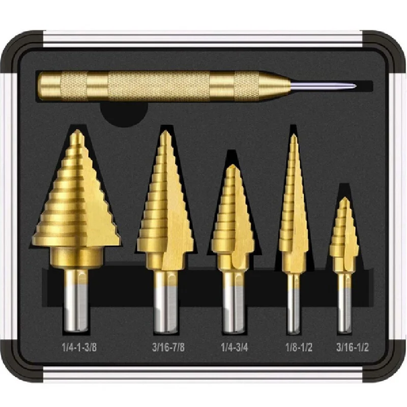 

6pcs Pagoda Drill Set Triangular Handle Titanium Plated Step Drill 4241 Pagoda Drill Step High Speed Steel Drill Set