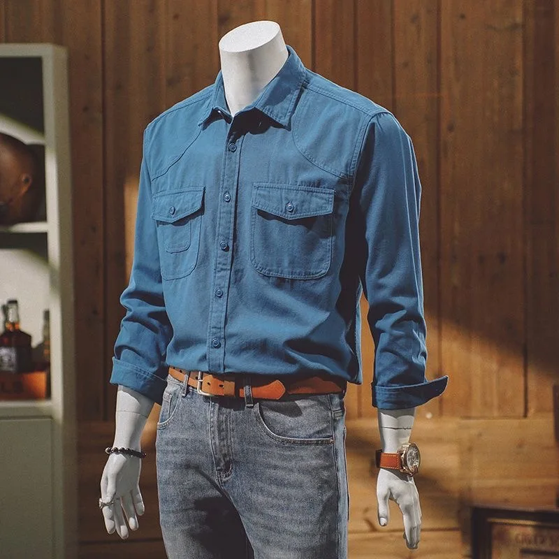 

Осенне-весенняя модная однотонная американская винтажная рабочая одежда, рубашка с длинными рукавами, мужская повседневная свободная спортивная рубашка больших размеров