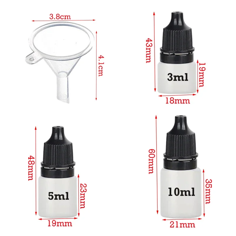 200Pcs/Lot 3-10ml Refillable Bottles Plastic Liquid Squeezable Bottle with Funnel Eye Liquid Dropper Bottle Cosmetics Container