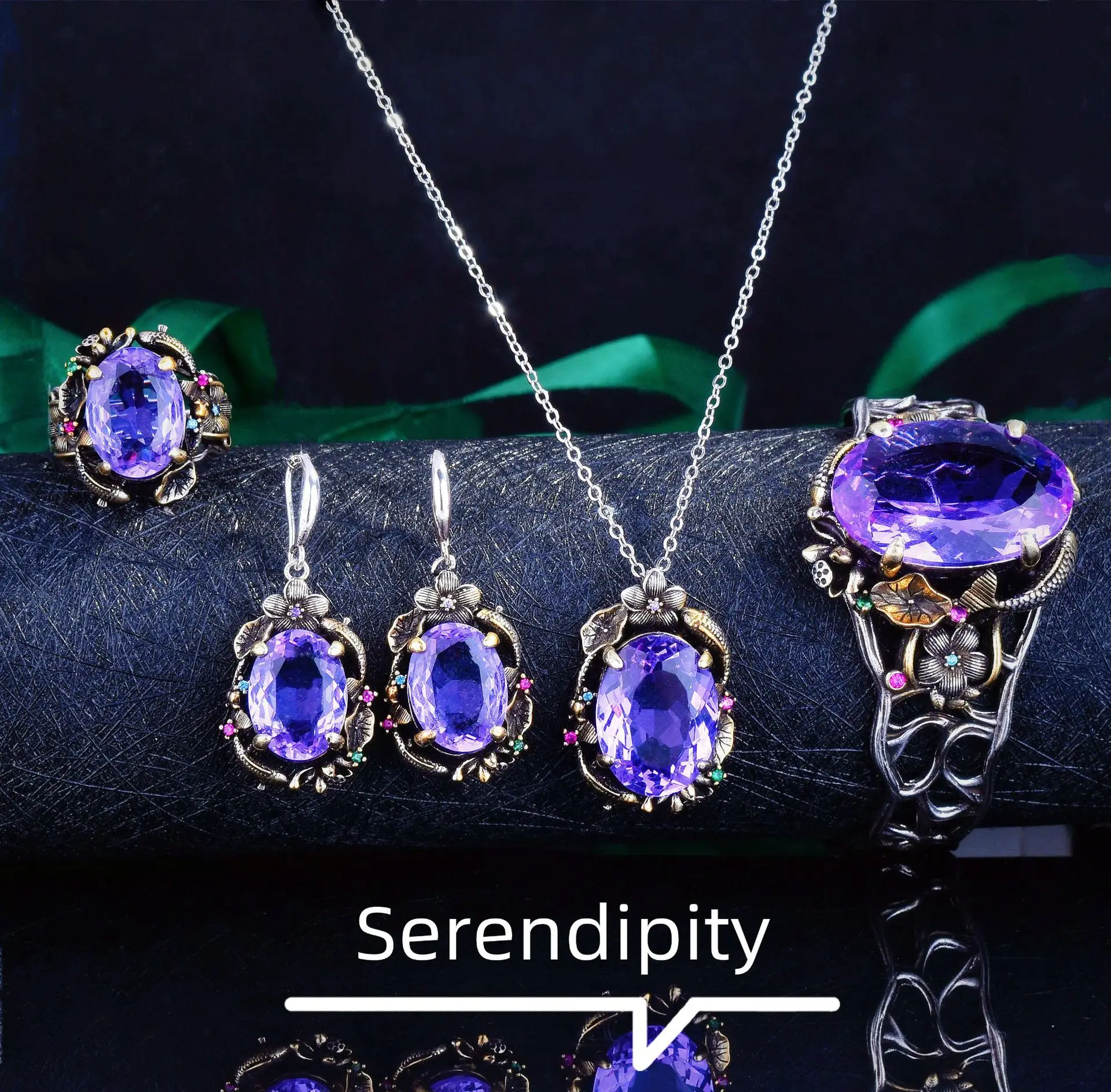 Luxurious Imitated Amethyst Vintage Jewelry Sets For Women Bracelets Earrings Pendant Necklaces Rings Birthday Mother’s Day Gift