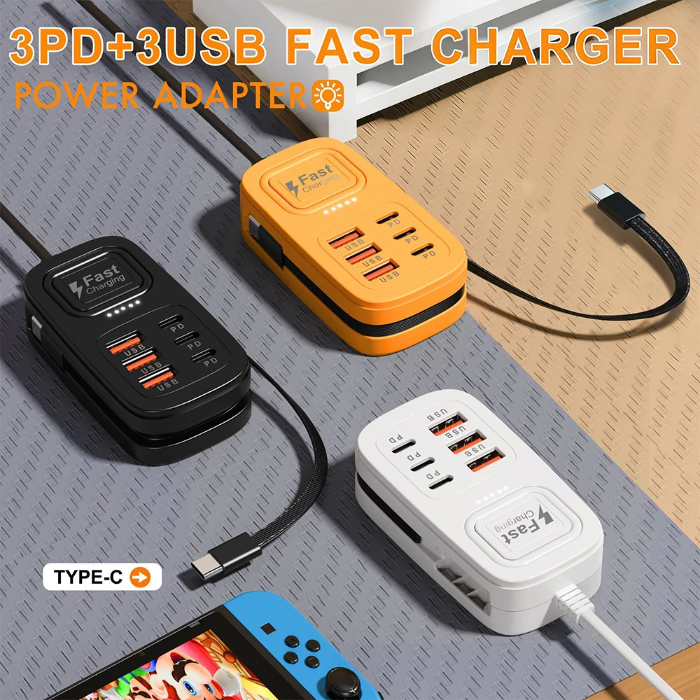 6 Port USB Type C Fast Charger 3PD+3USB/6USB Power Strip Desktop Charging Charger Adapter EU/UK/US Plug Mobile Phone Charger HUB