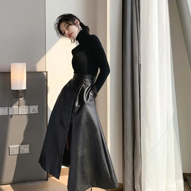 

High Waist Midi Bla f Skirt Stand Word A-Line Slimming Autumn Winter Long Sweet Sle Pure Color Other Material Skirt