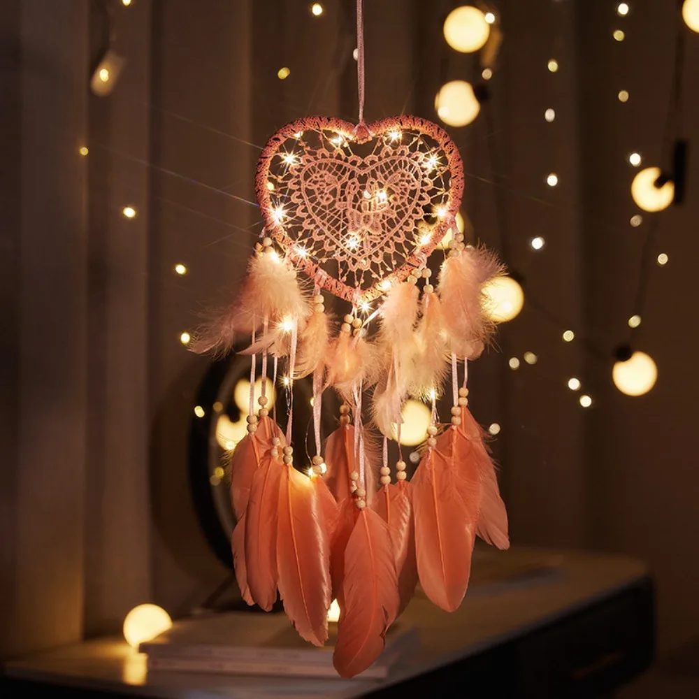 Heart Shaped LED Dream Catcher with Feathers Car Hanging Ornaments Home Wall Decor Fairy Lights for Bedroom Gift