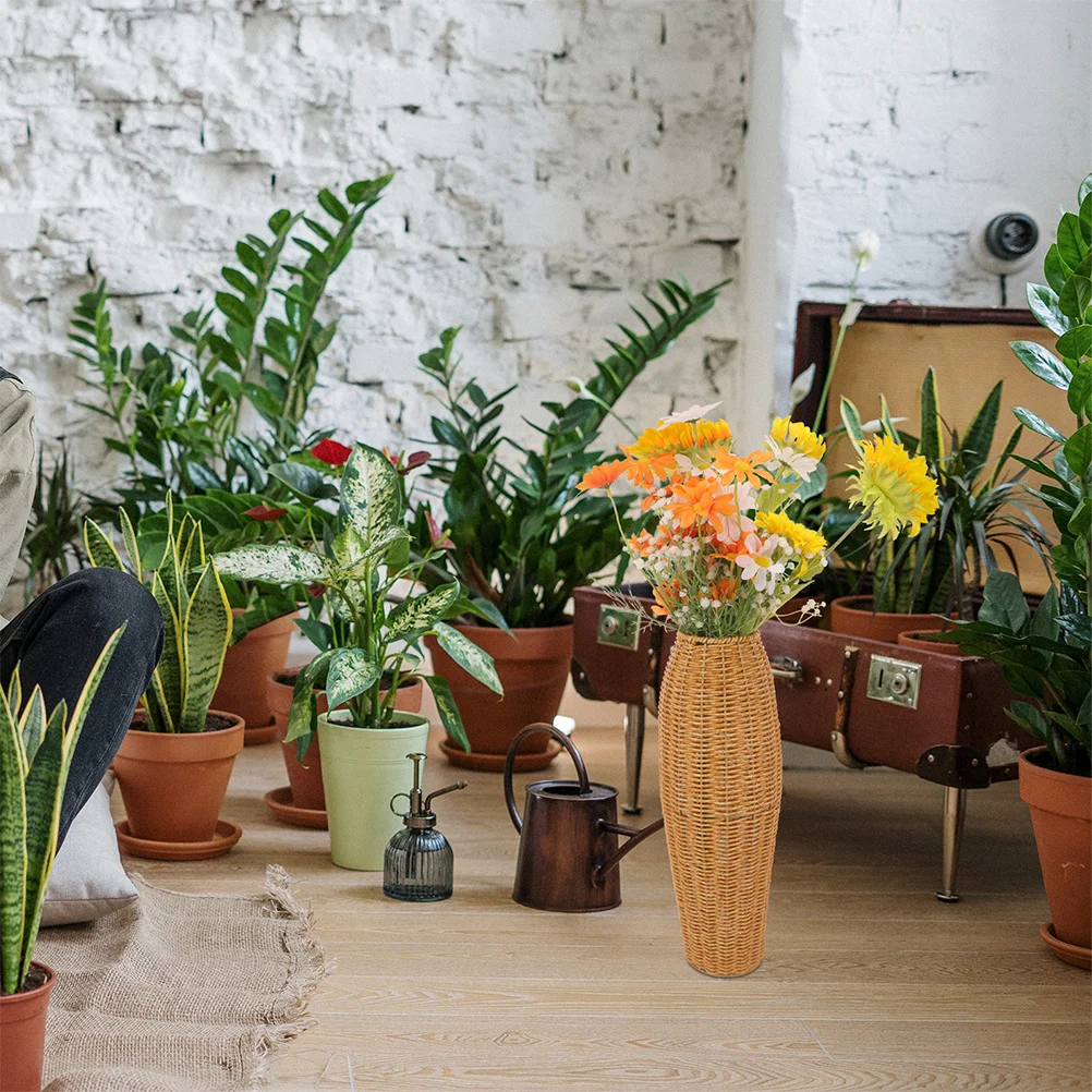 

2Pcs Imitation Rattan Floor Vase Tall Decorative Flower Holder Home Decor Simple Elegant Woven Basket Dried Artificial Flower