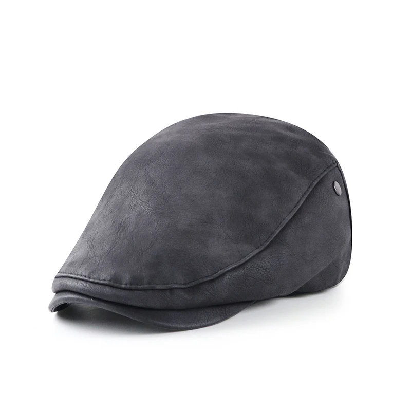 PU Leather Beret Hats Men Autumn Winter Faux Leather Herringbone Visor Middle-aged Men's Warm Flat Peaked Cap Adjustable