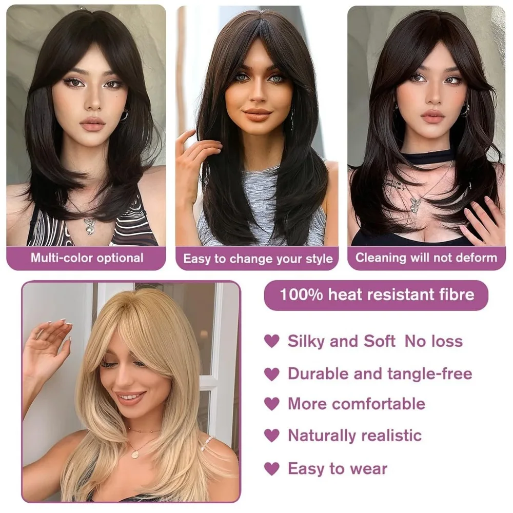 شعر مستعار بني مع الانفجارات 22 بوصة فراق مركزي طويل مستقيم الطبقات شعر مستعار للنساء مظهر طبيعي ألياف صناعية مقاومة للحرارة ث #5