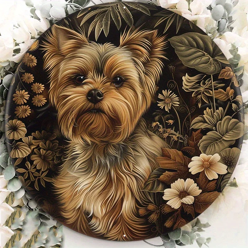 

1pc 8x8inch Aluminum Metal Sign Oak Dog Decor Yorkshire Terrier Ov Round Aluminum Door Hanger Wall Wreath Metal Decor Sign