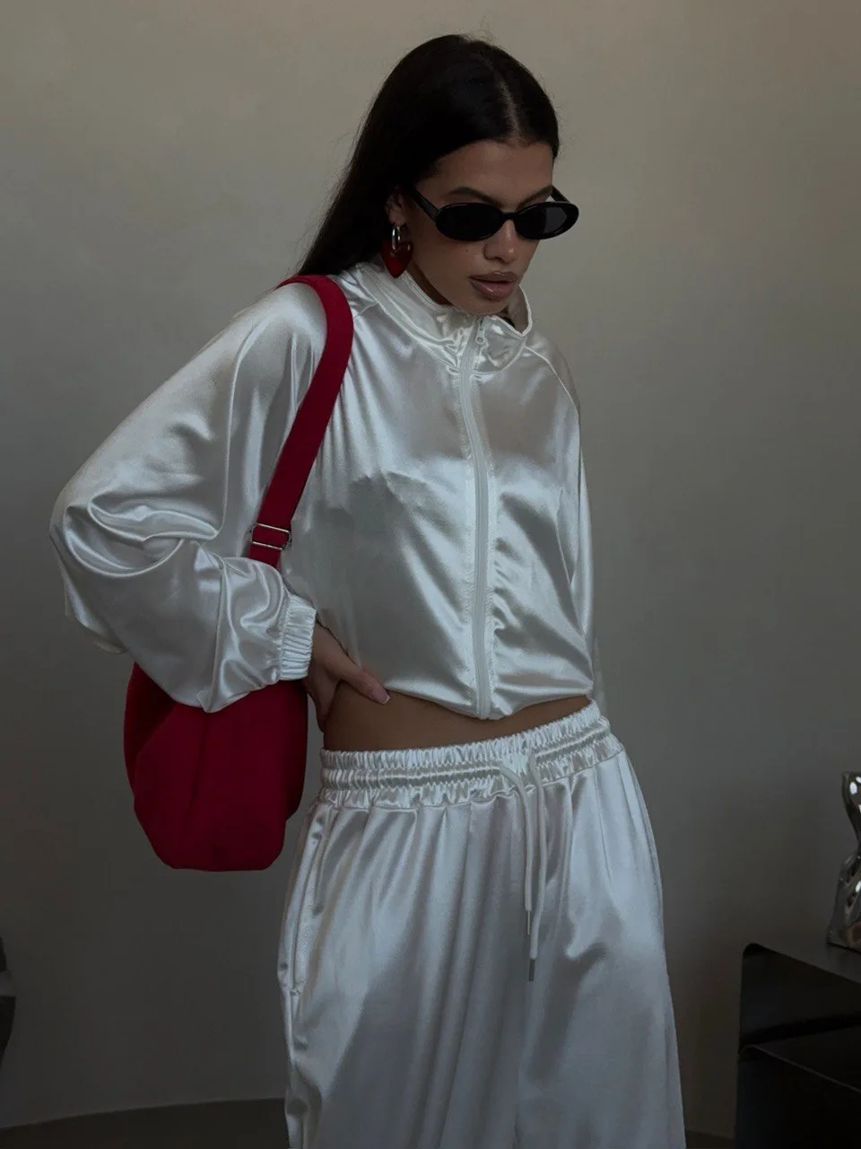 Loungewear Women Satin Oversized Cropped Hoodie Wide Leg Pants Set Slouchy Long Sleeve 2026 Chic Casual Women Two Piece Outfit