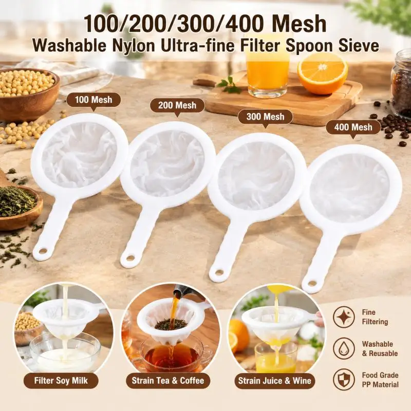 1~10PC Nylon Ultras-fine Filter Mesh Sieve Soy Juice Coffee Milk Food Strainer Spoon Kitchen Gadgets 100/200/300/400 Mesh Filter