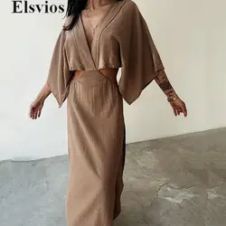 2024 Chic Short Sleeve Solid Slit Dresses Fashion Women Cotton Linen Long Dress Sexy Elegant V-neck Waist Hollow Party Dress