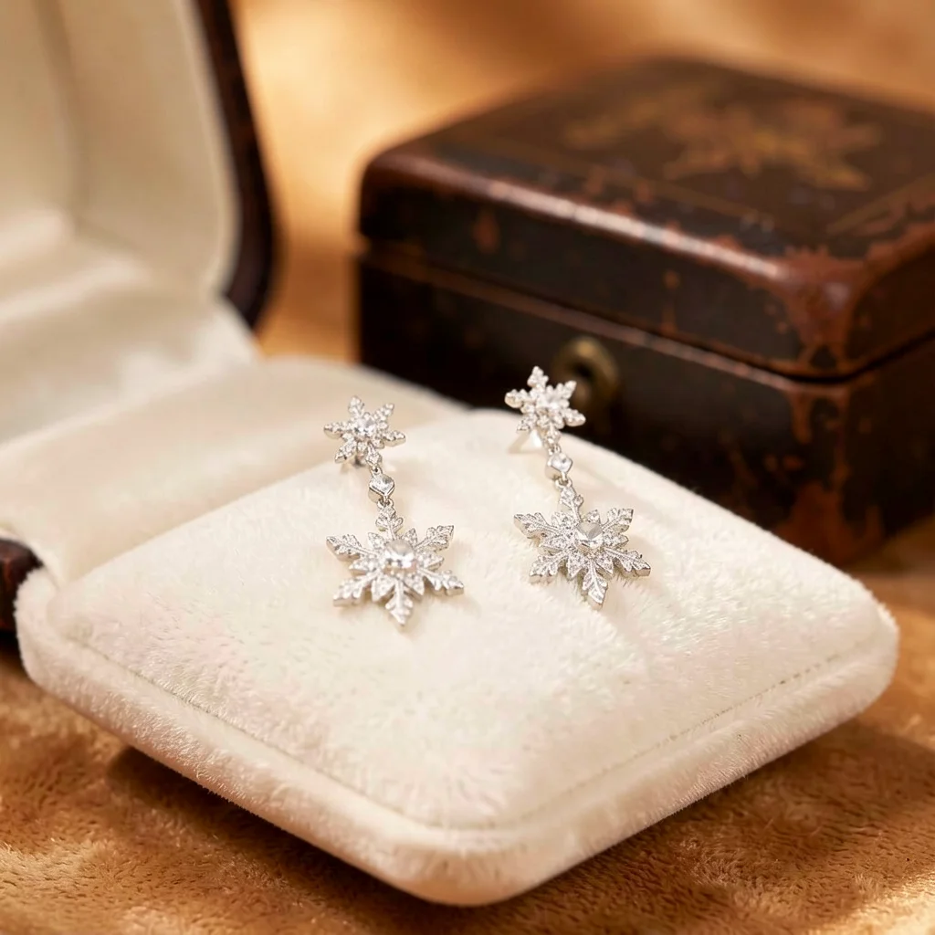 Snowflake Dangle Earrings Double Snowflake Snowflake Drop Earrings Silver Inlaid Earrings For Outings Gatherings With Friends