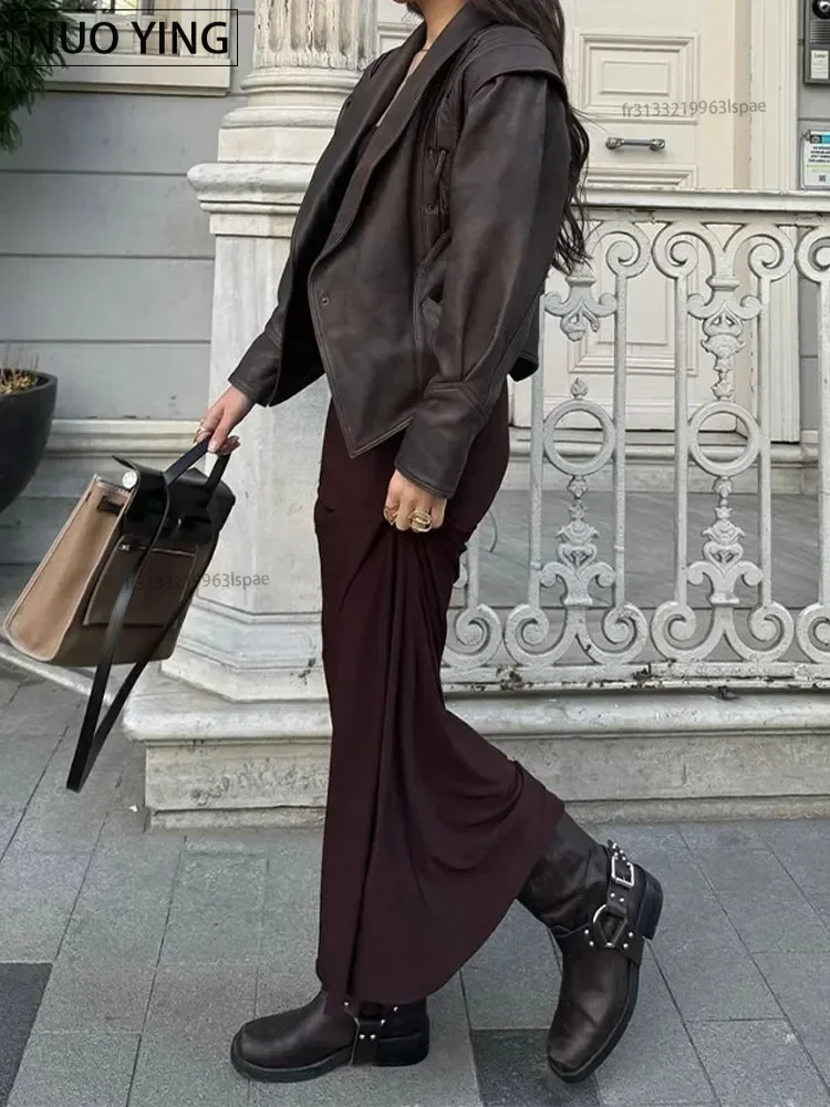 سترة جلدية نسائية قصيرة مع حزام ، ياقة مطوية لأسفل ، معطف دراجة نارية بأكمام طويلة ، ملابس خارجية شتوية دافئة للسيدات ، موضة الشارع