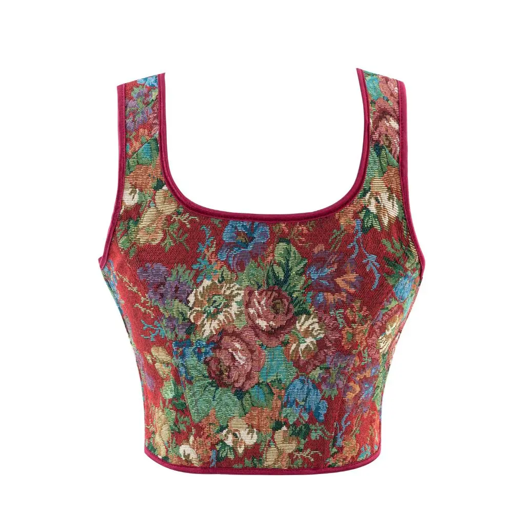 Korset berlapis merah peony dengan rompi yang diikat dan tali untuk korset pengadilan