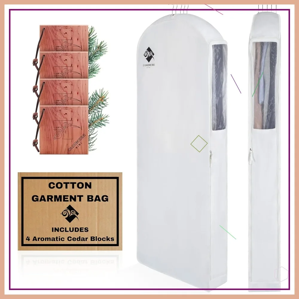 

Premium 60-Inch Cotton Garment Bag with Wide Gusset and Cedar Blocks for Clothes Protection and Fresh Smell