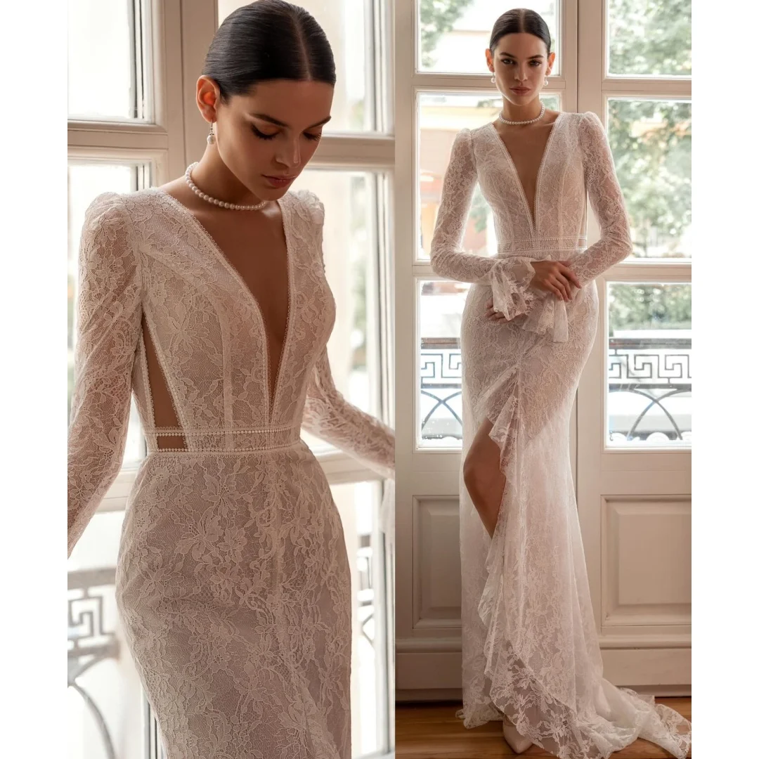 

V Neck Lace Mermaid Wedding Dresses Long Sleeves Vestido de Novia Slit Party Gowns Formal Robe De Soirée Customized