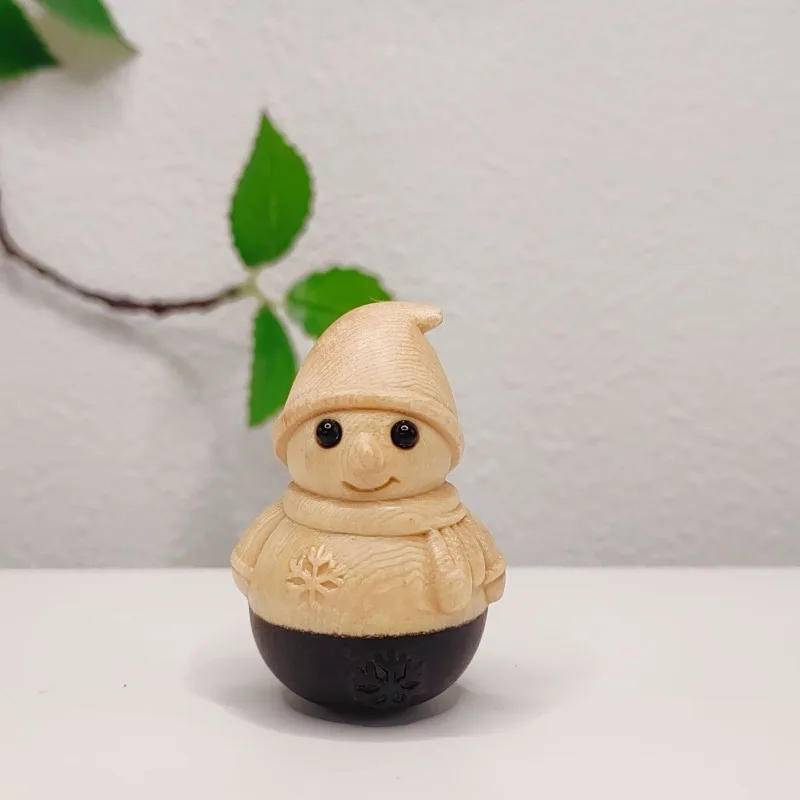 Hinoki Wood Carved Christmas Tumbler Snowman Handheld Piece Creative Home Decor Gift DIY Bonsai Landscape Ornaments Decoration