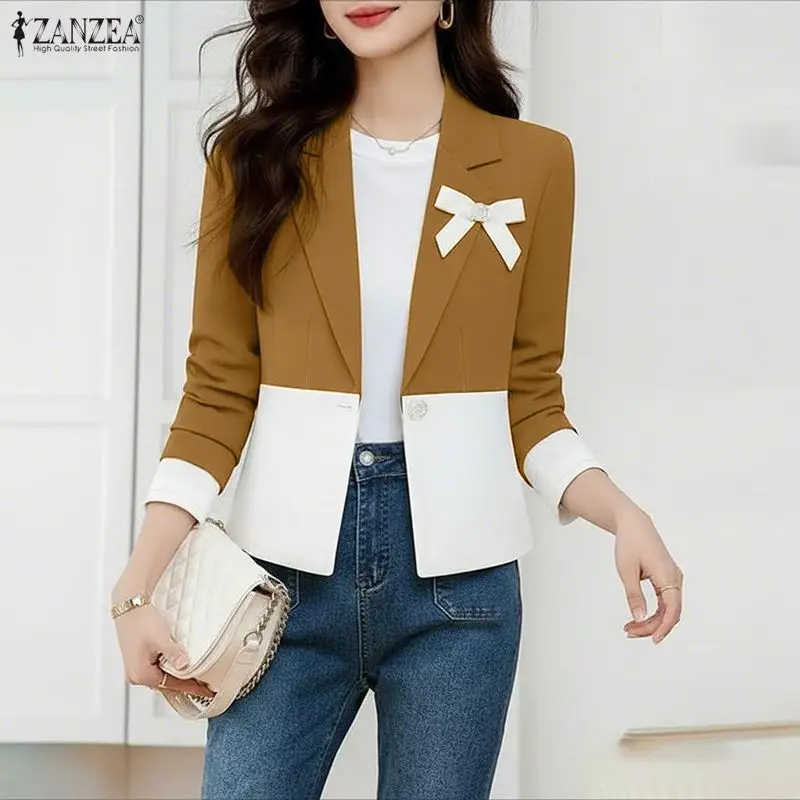

Женский элегантный блейзер с бантом, воротником с лацканами, длинными рукавами, на одной пуговице, с цветовыми блоками, пиджак ZANZEA, женское весеннее тонкое пальто