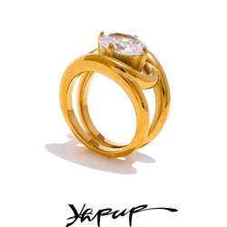 Yhpup Shiny AAA Cubic Zirconia Stainless Steel Gold Color PVD Plated Ring Temperament Fashion Women Fashion Finger Jewelry Gift
