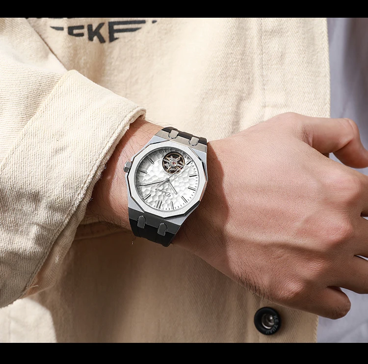 Automatische mechanische Herrenuhr mit orangefarbenem Zifferblatt, Skelett-Tourbillon, achteckige Armbanduhr aus Edelstahl, luxuriöse wasserdichte Uhr – Detail 16
