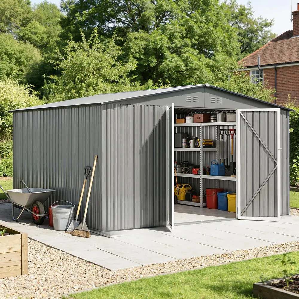 

x 10FT Grey Outdoor Storage Shed, Metal Waterproof Shed Garden Tool Shed with Door and Lock Outdoor Storage,AllWeather Shelter