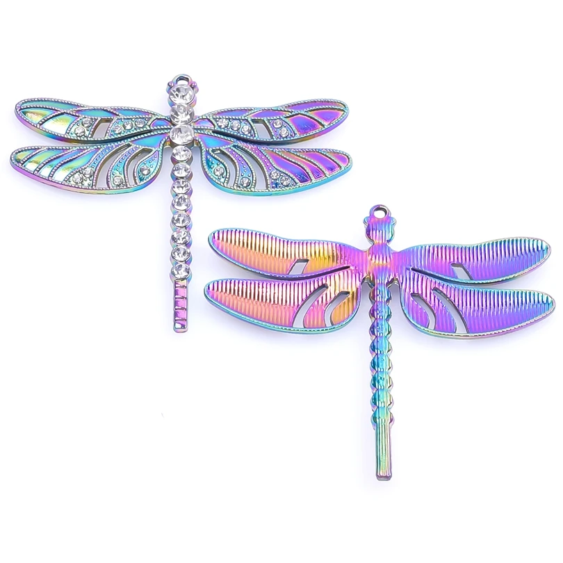 10PCS Large Insect Rainbow Charm Dragonfly With Rhinestone Alloy Charm for Jewelry Making Vintage Necklace Pendant Keychain Bulk