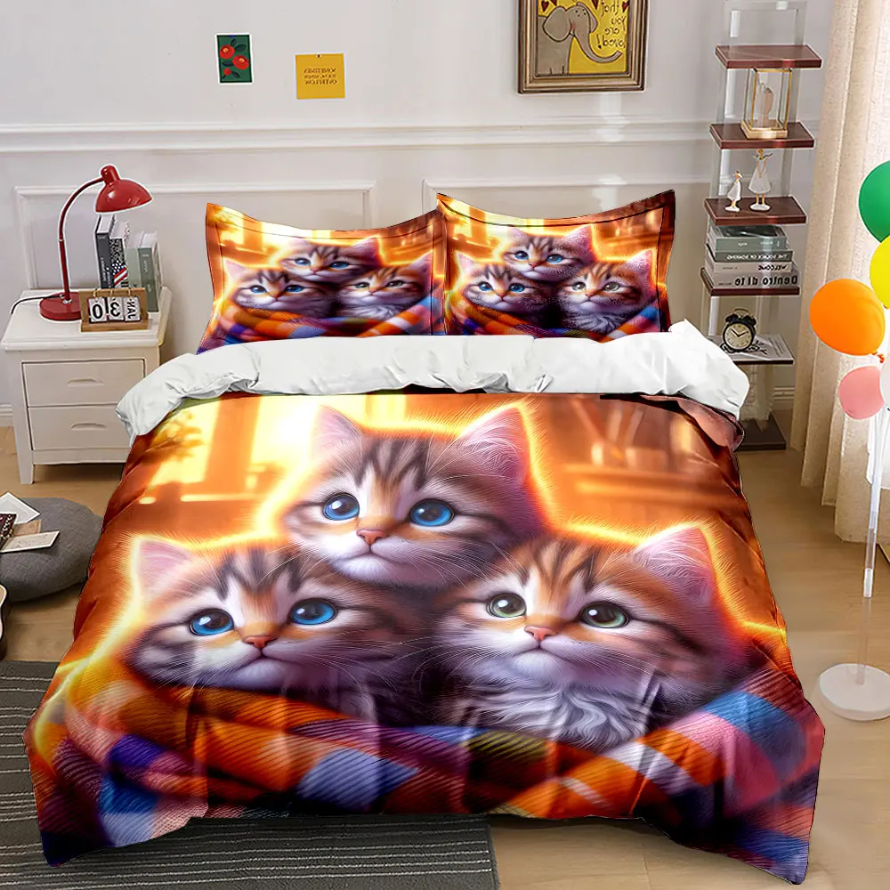 Three kittens wrapped in a cozy blanket Duvet Cover Set with 3D Printing Design Soft Polyester Bedding Set All-Season Comfort