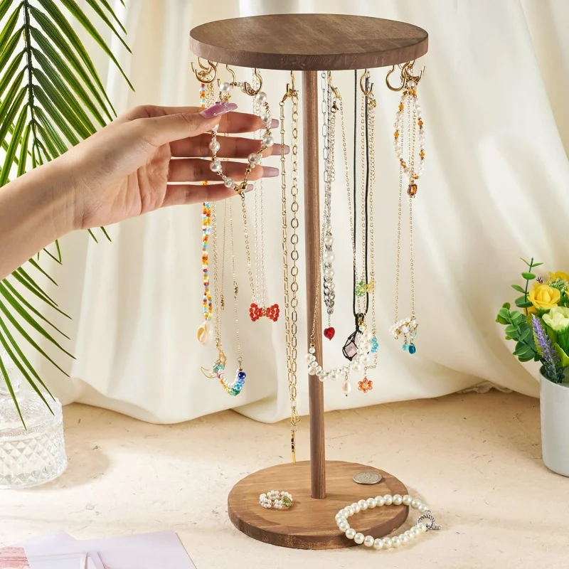 منظم مجوهرات خشبي مع 12/18 قطعة خطاف ذهبي، حامل عرض مجوهرات خشبية برج قاعدة مستديرة حامل قلادة للعروض #4
