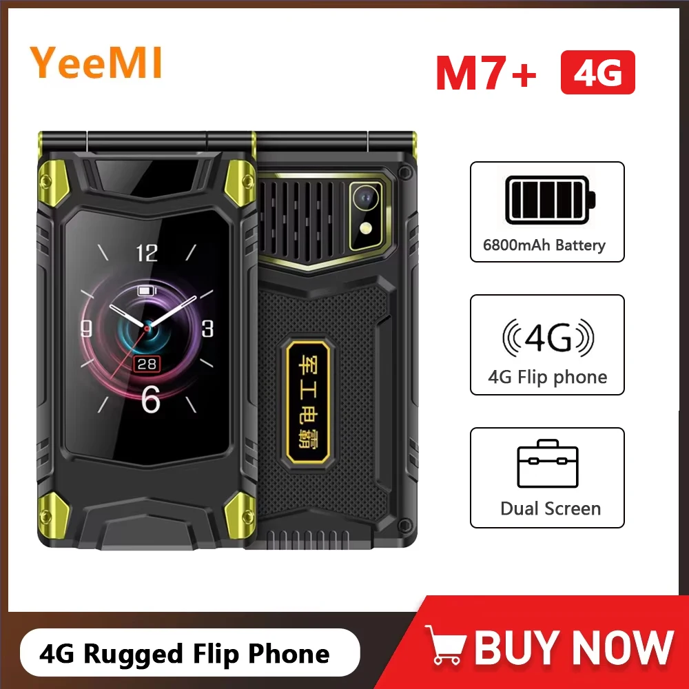 YeeMI M7+ 4G Rugged Feature Phone Dual SIM Dual Screen Large Fonts For Old Man 6800mAh Cellphone SOS Russian Hebrew keyboard