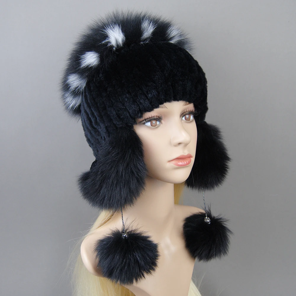 Elastic Knitted Rex Rabbit Fur Beanies Handmade Real Fur Hat with Fox Fur Ears Genuine Fur Snow Cap Bonnets for Women Designer