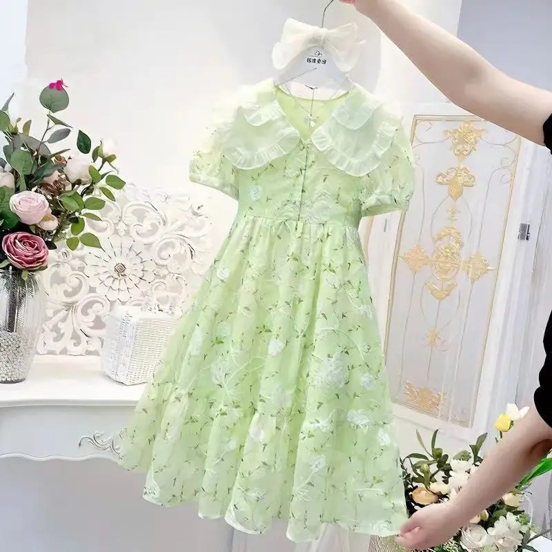 Girls Maxi Dresses Kids Outfits Baby Bow Print Dresses Summer Teens Short Sleeve Wedding Princess Costumes 4 5 6 7 8 9 12 Years