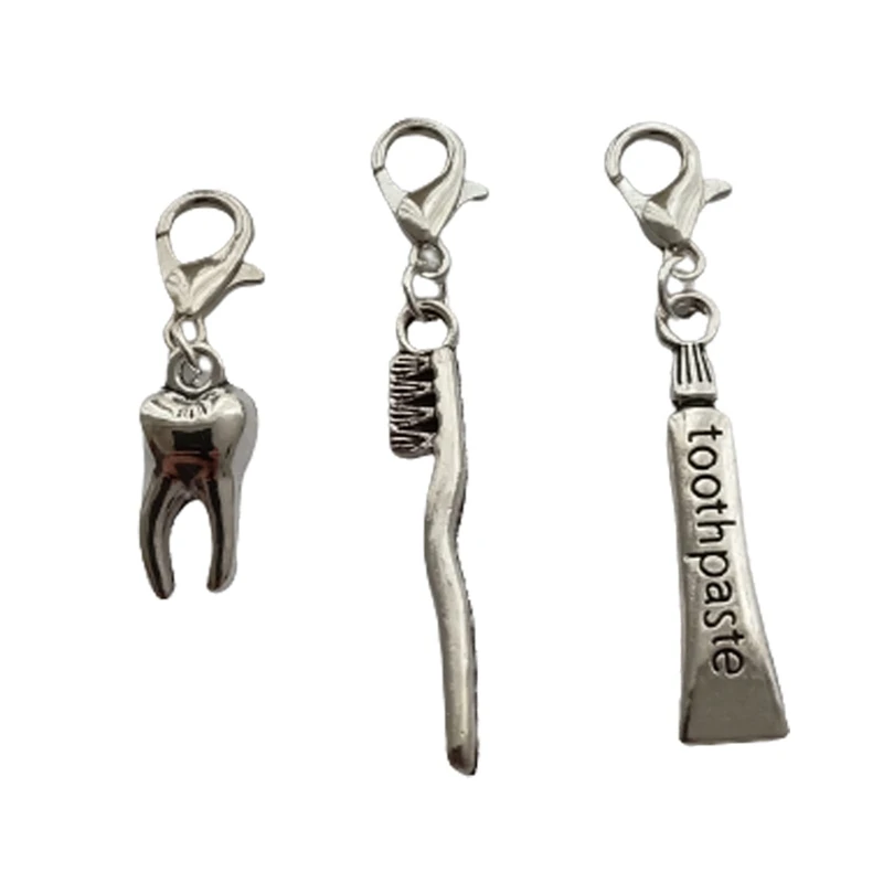 3pc in Set, Toothbrush Zipper Pull, Toothpaste Clip on Charm, 3D Tooth Charm with Clasp