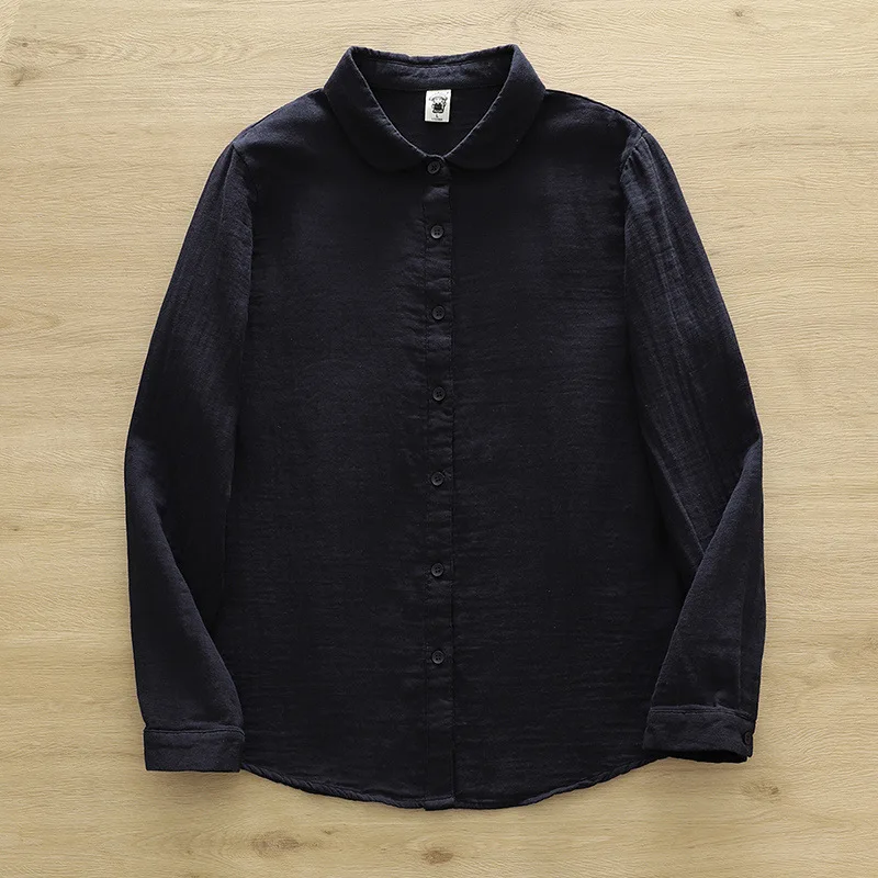 New Autumn Double-layer Cotton Yarn Solid Shirt Women Japan Style Loose Long Sleeve Top Girl Office Lady Work Wear Tops