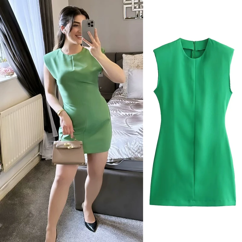 

Taop&Za Women's 2024 Summer New Slim-fitting Waist Shoulder Pad Decoration Sleeveless Round Neck Mini Short Dress 2586/323