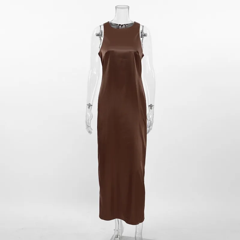 Vestido recto informal de satén para mujer, traje marrón con cuello redondo, temperamento, ropa juvenil, verano, 2024