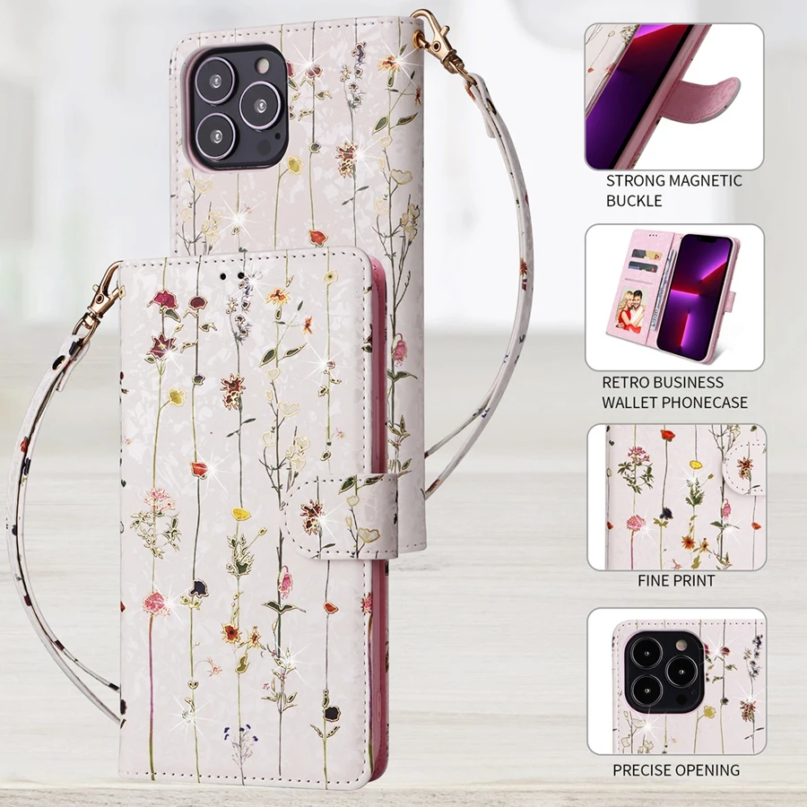 Hot Stamped Floral Pattern Photo Frame Card Slots Wallet Case for iPhone 11 12 13 14 15 Pro Max X XR 7 8 Wristband Flip Cover