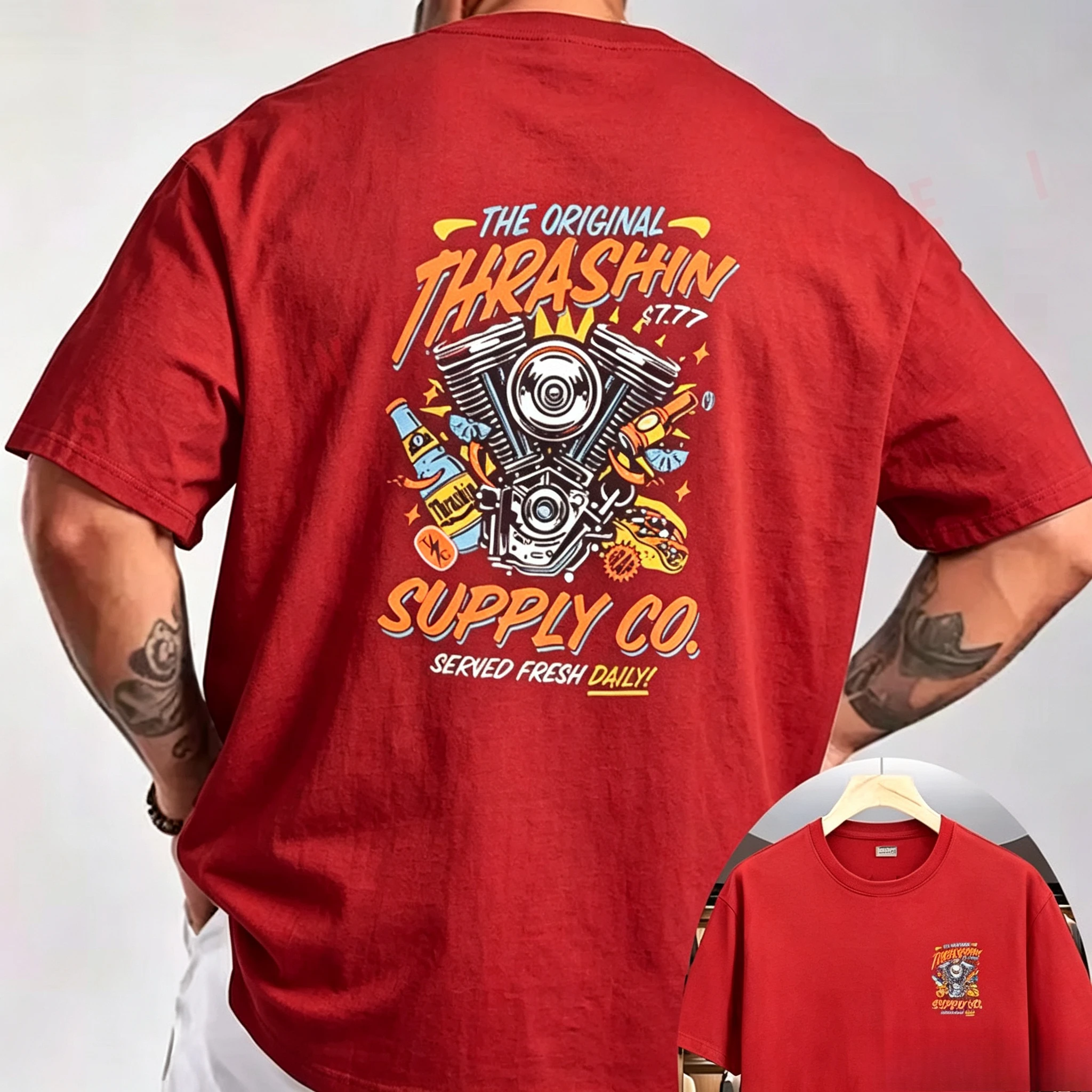 Family Matching T‑Shirt Black Retro Motorcycle Engine Comic Back Print Small Left Chest Graphic Biker Streetwear Short SleeveTee