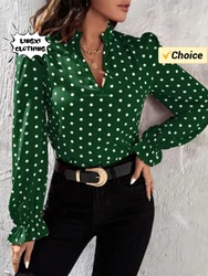 2024 Summer Fashion New Women's Youth Elegant Professional Style V-neck Polka Dot Long Sleeved Casual Chiffon Girl's Shirt