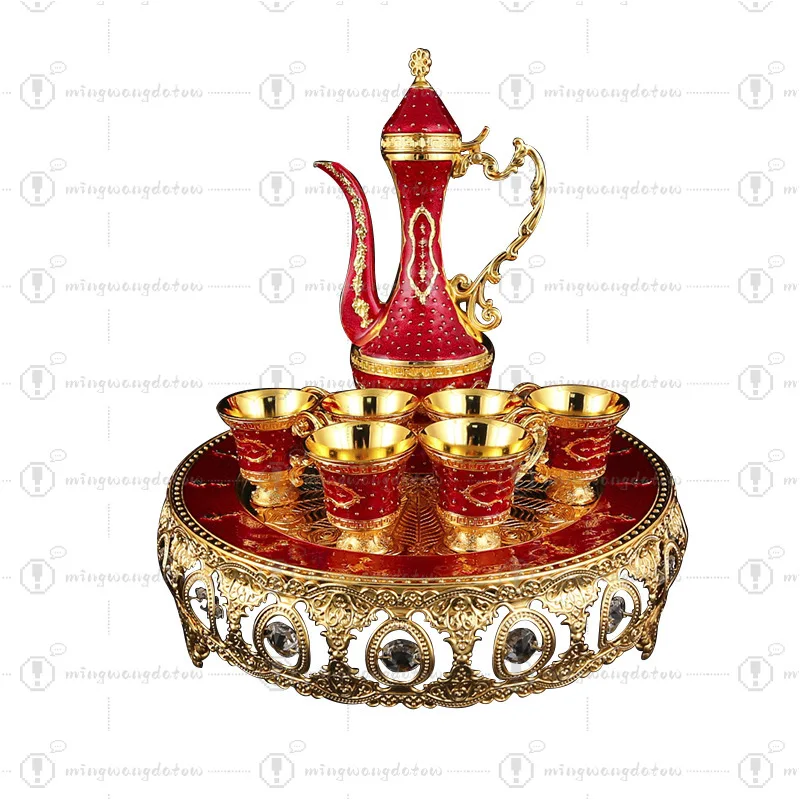 Middle Eastern European Vintage Metal Wine Set, Wedding Gift & Decorative Flask Kit