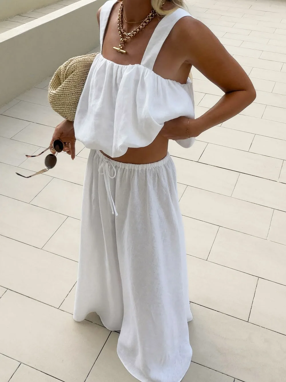 Ensemble 2 pièces en coton blanc pour femme : haut court plissé et jupe longue – Tenue élégante pour les vacances d'été, ensemble assorti, vêtements de plage