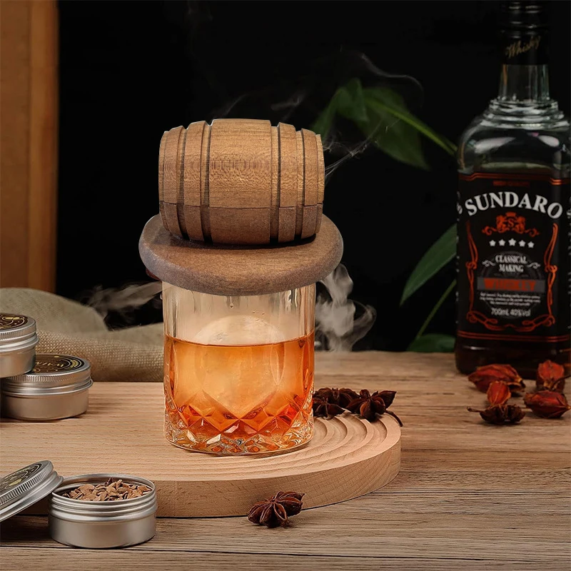 Wine Barrel Whiskey Smoker Kit | Professional Bourbon Smoke Infuser 6 Cocktail Smoker Kit Wine barrel Shaped Bourbon Whiskey Smoker Infuser Kit Birthday Whiskey Gifts for Whiskey Lovers 4