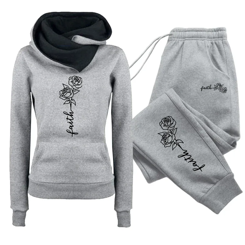 Women's Set/Hoodie/Pants 2026 Faith Print Tracksuit Hooded Sweatshirt Sweatpants Autumn Winter Female Daily Casual Sports Outfit