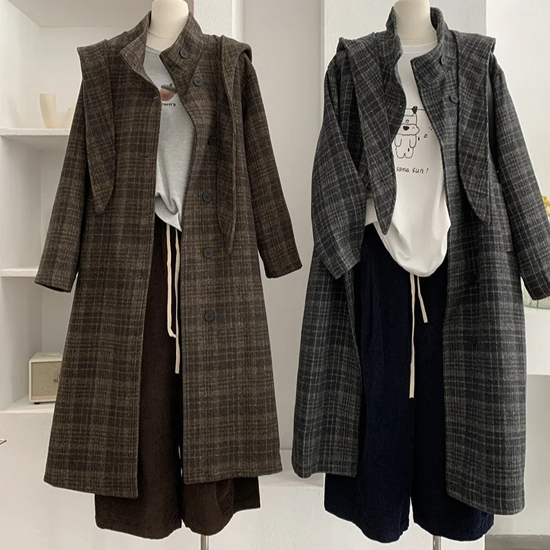 

Длинное свободное женское шерстяное пальто в клетку в стиле ретро с воротником-стойкой и капюшоном, верхняя одежда в Корейском стиле, осень-зима, Новое поступление, элитное ощущение