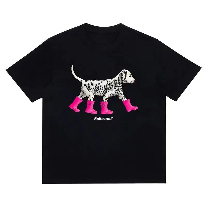 New Casual High Street Rain Boots Dalmatian Dog Print Cotton Short Sleeved T Shirt Mens Hip Hop Harajuku Loose Top Streetwear