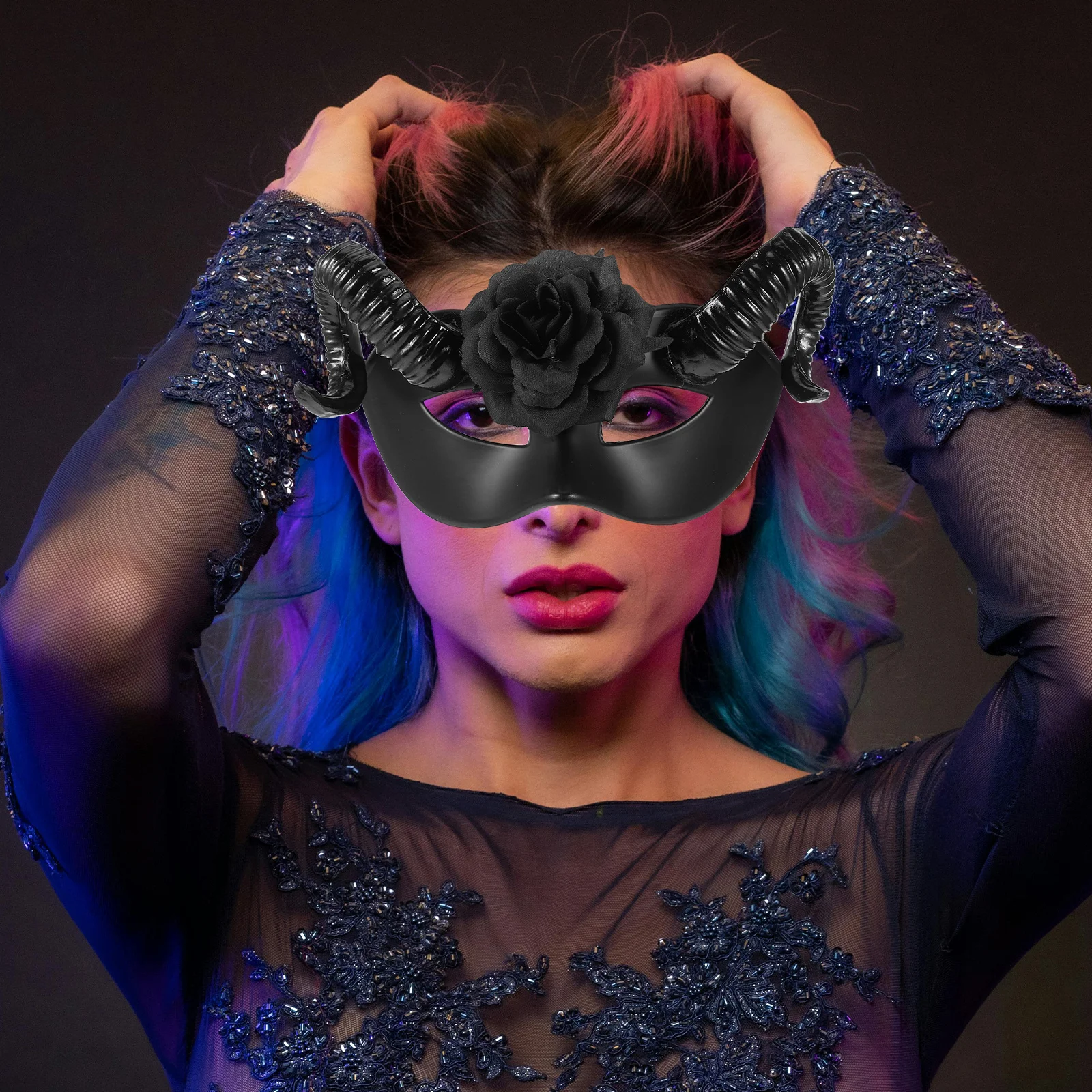 

Floral RAM Horn Half Face Mask for Halloween - Realistic Design Detachable Horns - Spooky Party Masquerade Costume Props for Men