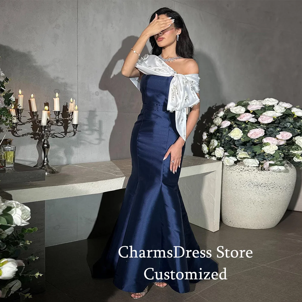 Mermaid Evening Dress Customized Off The Shoulder Pearls Stone Satin Navy Arabian Formal Party Gown Prom Dresses Robe De Soiree