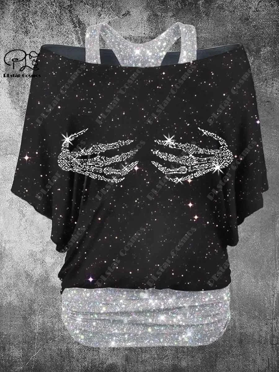 PLstar Cosmos Women's Retro Skull 3D Print Casual Two-Piece T-Shirt Harajuku Streetwear Collection - 6
