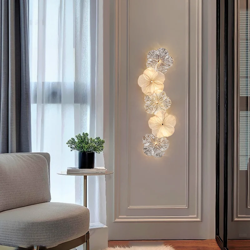 Luxury Nordic Wall Lamps Glass Flower-Shaped Lighting Fixture Home Decoration LED Chandeliers for Living Room Bedside Hotel Cafe